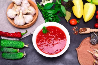 Gazpacho İspanyol soğuk çorba bir beyaz yuvarlak tabak 