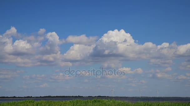 Blauwe lucht met witte pluizige wolken — Stockvideo