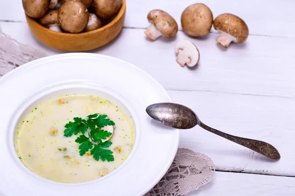 Cream mushroom soup of fresh champignons — Stock Photo, Image