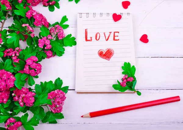 Kağıt defter ile aşk mektubu ve kırmızı kalp