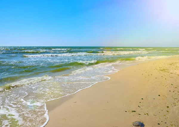 여름에는 모래 해변의 검은 바다에 보기 — 스톡 사진