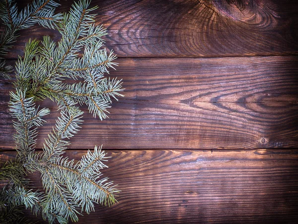 Rama de abeto verde sobre un fondo de madera marrón — Foto de Stock