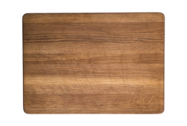 Placa de corte de cozinha de madeira velha isolada no fundo branco — Fotografia de Stock