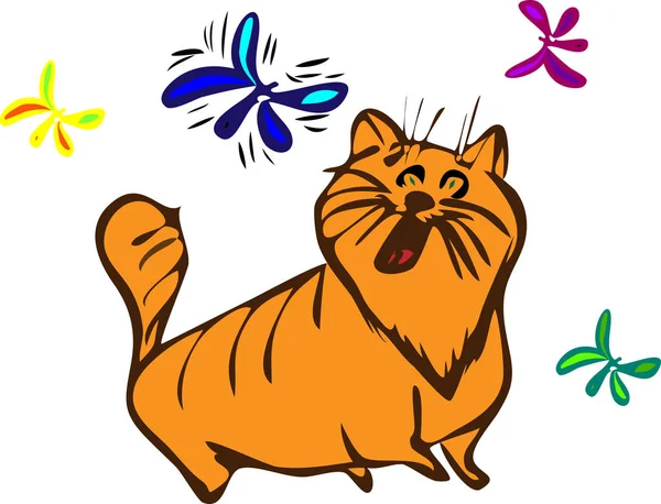 Grande gato vermelho gordo caminha na natureza entre borboletas voadoras —  Vetores de Stock