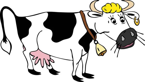 塗装の黒い斑点、大きな白い牛 ne に掛かっているベル — ストックベクタ