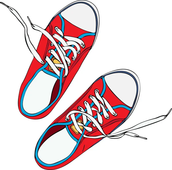 A pair of red trampled old shoe with laces untied white — Stock Vector