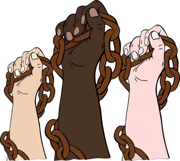 Hands of different races hold the iron chain — Stock Vector