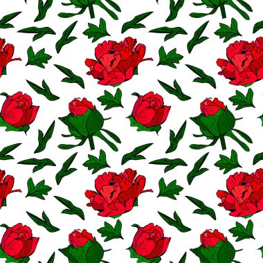 Kırmızı Şakayık çiçekleri ve yeşil yaprakları, seamless modeli 