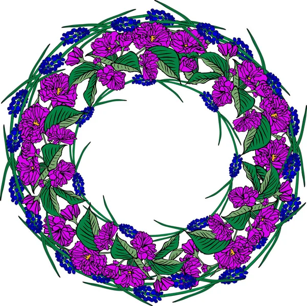 Krans van paarse sakura bloemen en blauwe Lentebloemen — Stockvector