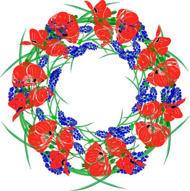  çelenk kırmızı poppies, yeşil unblown tomurcukları ve mavi sümbül 