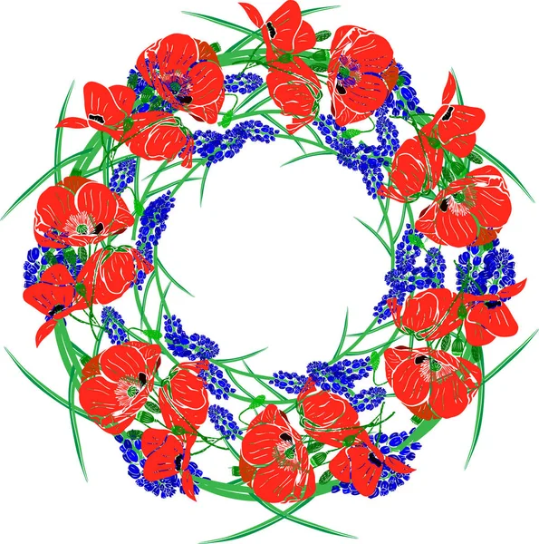 wreath of red poppies, green unblown buds and blue hyacinths