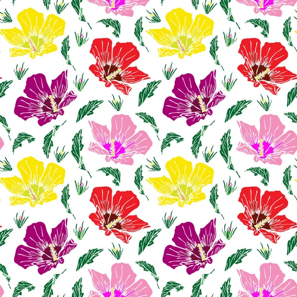 Blooming pink, red and yellow mallow, seamless pattern — Stock Vector