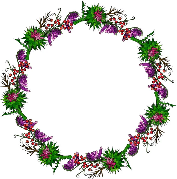 Geschilderde krans van klit bloemen, muis erwten — Stockvector