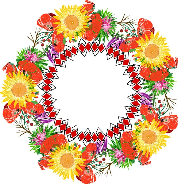 Wreath of sunflower and red flowering poppies — Stock Vector