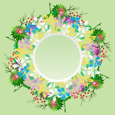 chamomiles, çırpı, dulavratotu alan çiçek çelenk yuvarlak ve 