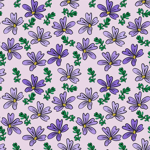 Fiore viola e ramoscello verde su sfondo lilla chiaro — Vettoriale Stock