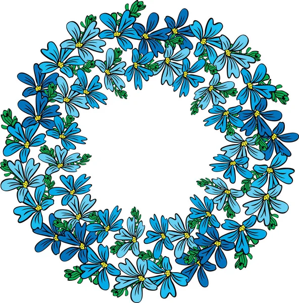 Круглый венок из голубых цветов и зеленых ветвей — стоковый вектор