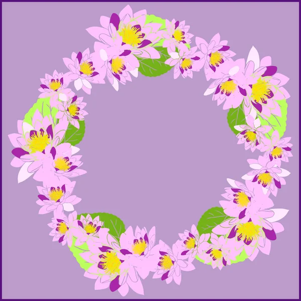 Corona de flores con loto de agua rosa y hojas verdes en un backgro lila — Archivo Imágenes Vectoriales