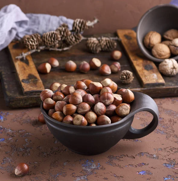 棕褐色粘土杯中的榛子壳 — 图库照片