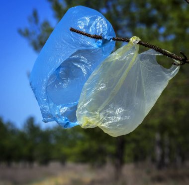 iki bir dalda asılı boş plastik torbalar kullanılır 