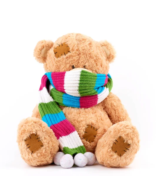 Carino orsacchiotto marrone con toppe in una sciarpa colorata a maglia si — Foto Stock