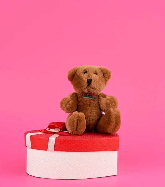 Cute brown teddy bear and red gift box on a pink background — Stock Photo, Image
