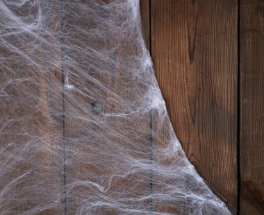 Kompozisyonun köşesinde beyaz örümcek ağı, gri ahşap b