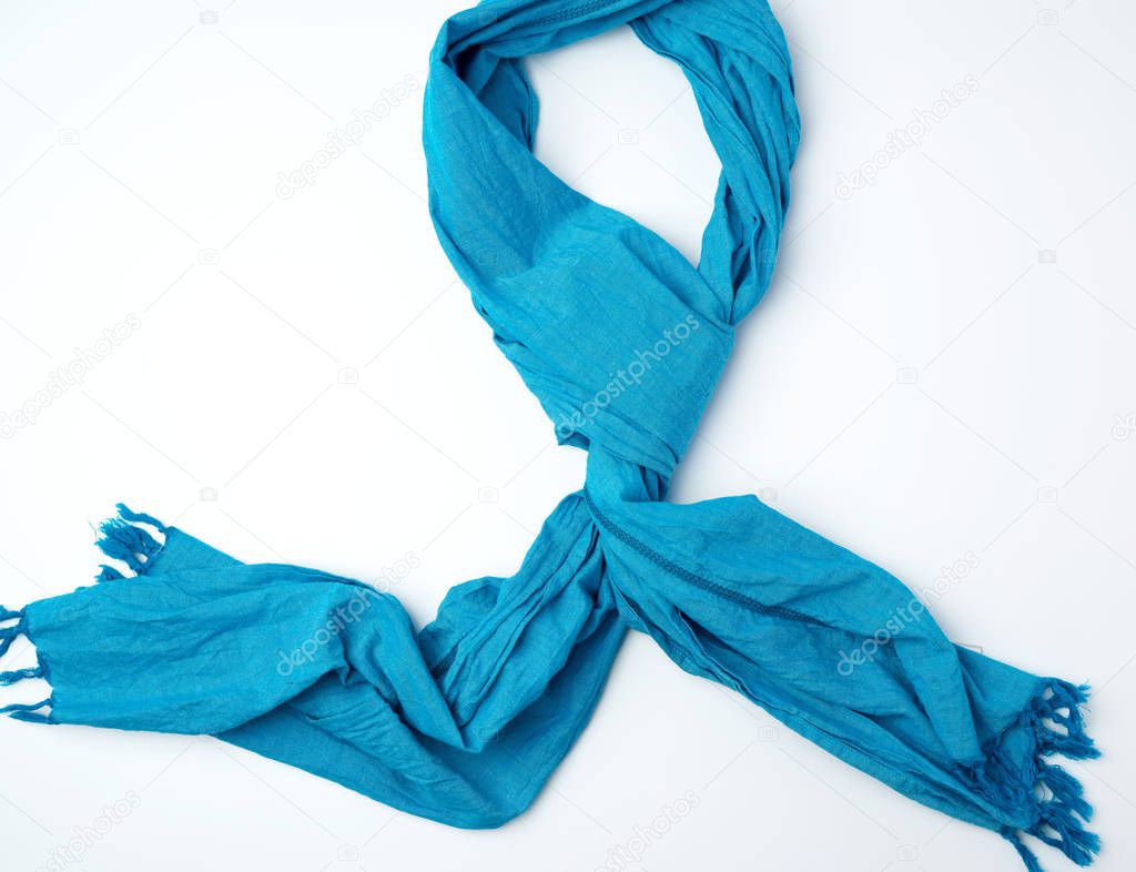 blue female scarf imitates tying around the neck on a white back