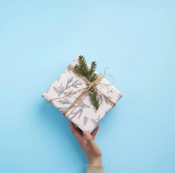 Female hand hold a paper closed box on a blue background — 스톡 사진