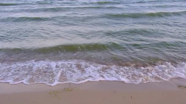 夏天的一天 黑海的波浪在沙质的海岸上飞溅而过 在乌克兰的Zhelezny港村 慢动作 — 图库视频影像