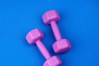 Mavi bir neoprene paspasın üzerinde mor plastik halterler.