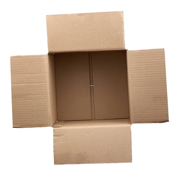 Caixa de papelão quadrado marrom vazio aberto para o transporte de mercadorias — Fotografia de Stock