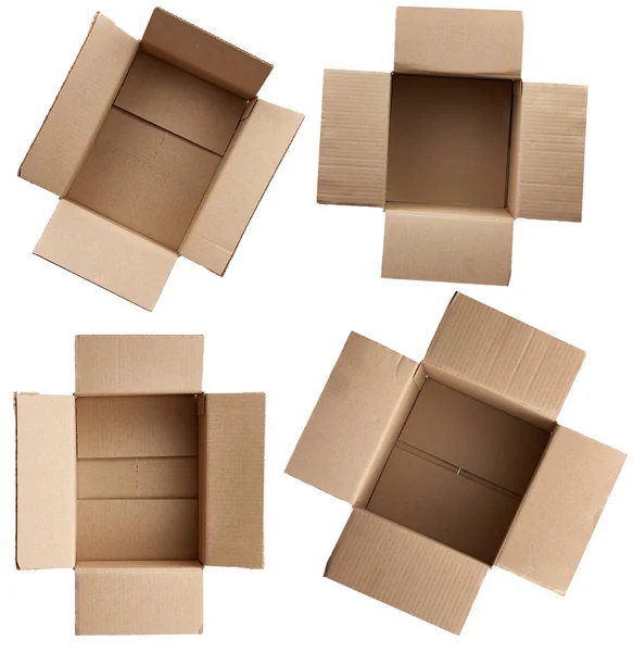 Ouvrir des boîtes cartonnées rectangulaires et carrées marron vides pour tran — Photo