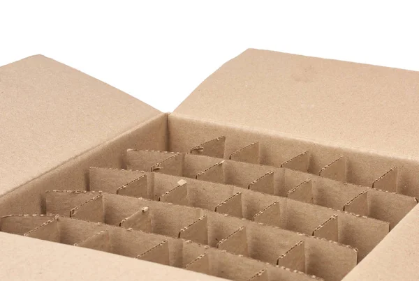 Open empty cardboard box with partitions for transporting broken — Stock Photo, Image