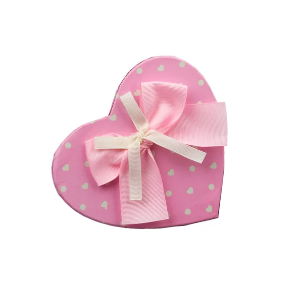 Pink heart-shaped cardboard box with bow isolated on white backg — Stok fotoğraf