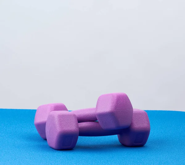 Paar paarse plastic halter voor sport op een blauw tapijt — Stockfoto