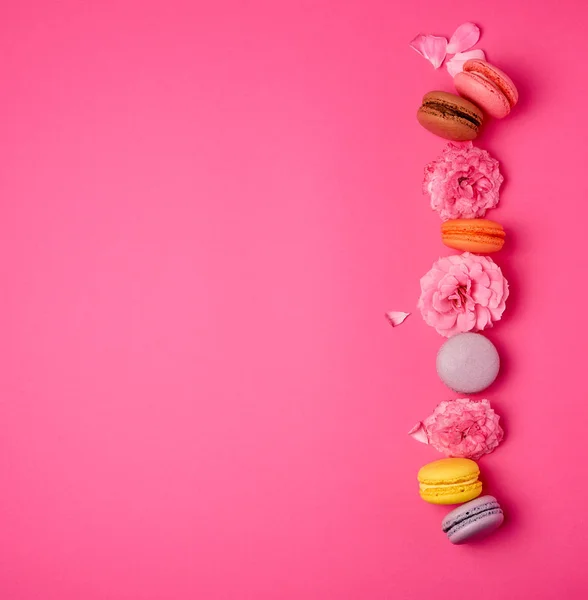 Macarons multicolores sucrés à la crème et un bourgeon rose — Photo