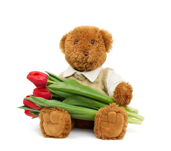 Lindo oso de peluche marrón sostiene en su pata un ramo de tulipanes rojos , — Foto de Stock