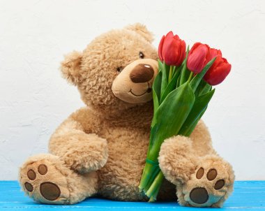 Sevimli kahverengi ayıcık, yamalı mavi bir tahta sırtında oturuyor.