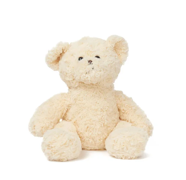 Großer lockiger beiger Teddybär sitzt auf einem weißen, isolierten Hintergrund — Stockfoto