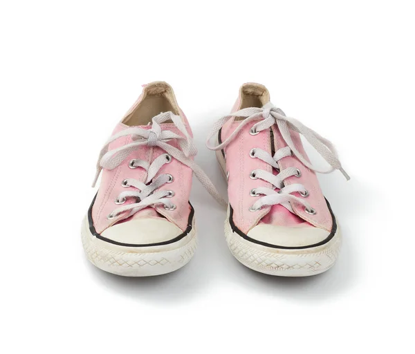 Ζεύγος Ανοιχτού Ροζ Φθαρμένου Υφάσματος Sneakers Κορδόνια Που Απομονώνονται Λευκό — Φωτογραφία Αρχείου