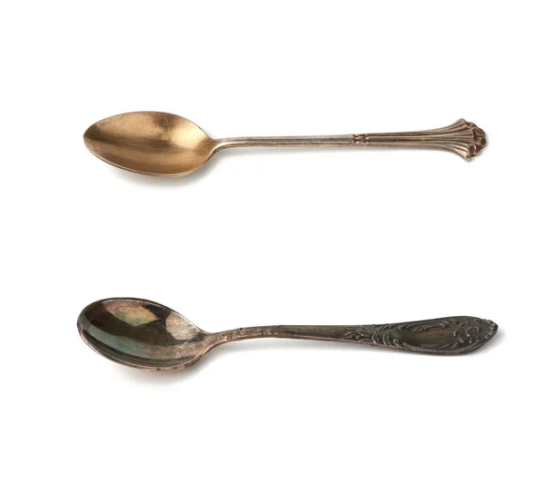 Silver Vintage Small Coffee Spoon Pouring Sugar Isolated White Background — Stock Photo, Image