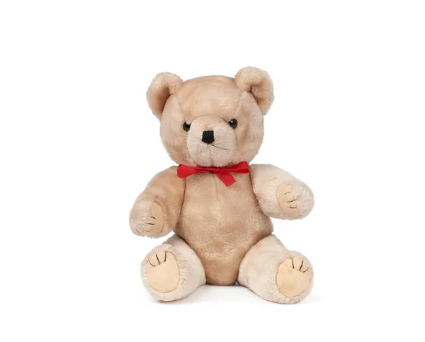 Small Brown Teddy Bear Sits White Isolated Background Funny Children — Stock Photo, Image
