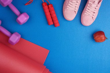Bağcıklı bir çift pembe spor ayakkabı, mor plastik halterler, mavi dokuda kırmızı kıvrımlı neoprene paspas, üst manzara, spor seti.