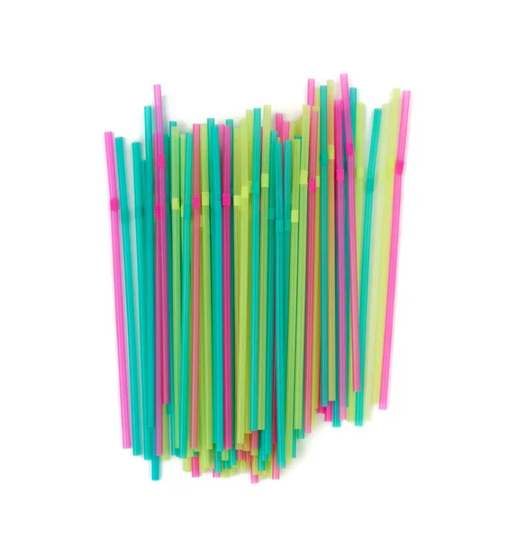 Viele Mehrfarbige Plastikröhren Für Cocktails Isoliert Auf Weißem Hintergrund Draufsicht — Stockfoto