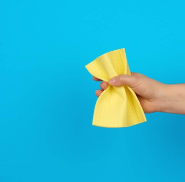Kadın eli, temizlik için sarı bir sünger tutuyor, mavi arka plan.