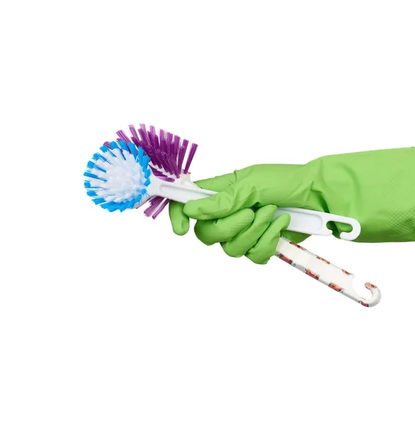 Escovas Limpeza Plástico Branco Mão Luva Verde Protetora Mão Fundo — Fotografia de Stock