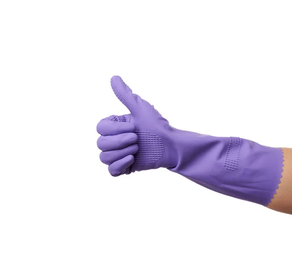 Paarse Rubberen Handschoen Voor Het Reinigen Gekleed Hand Bescherming Van — Stockfoto