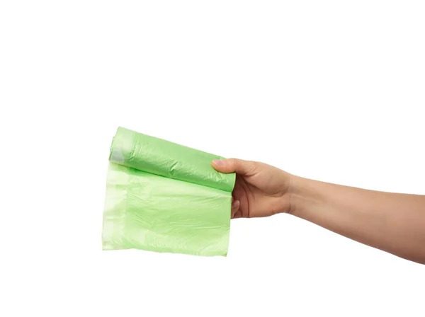 Main Féminine Tient Paquet Sacs Plastique Vert Pour Les Ordures — Photo