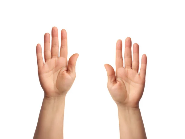 Kvinnlig Hand Höjs Upp Med Öppen Handflata Del Kroppen Isolerad — Stockfoto